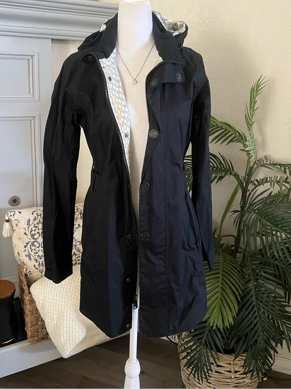 REI Black Hooded Trench Coat with Silver Lining